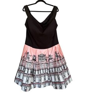 Maslavi Dress Womens 22 Black Pink City Print Cowl Neck Satin Party Fit & Flare